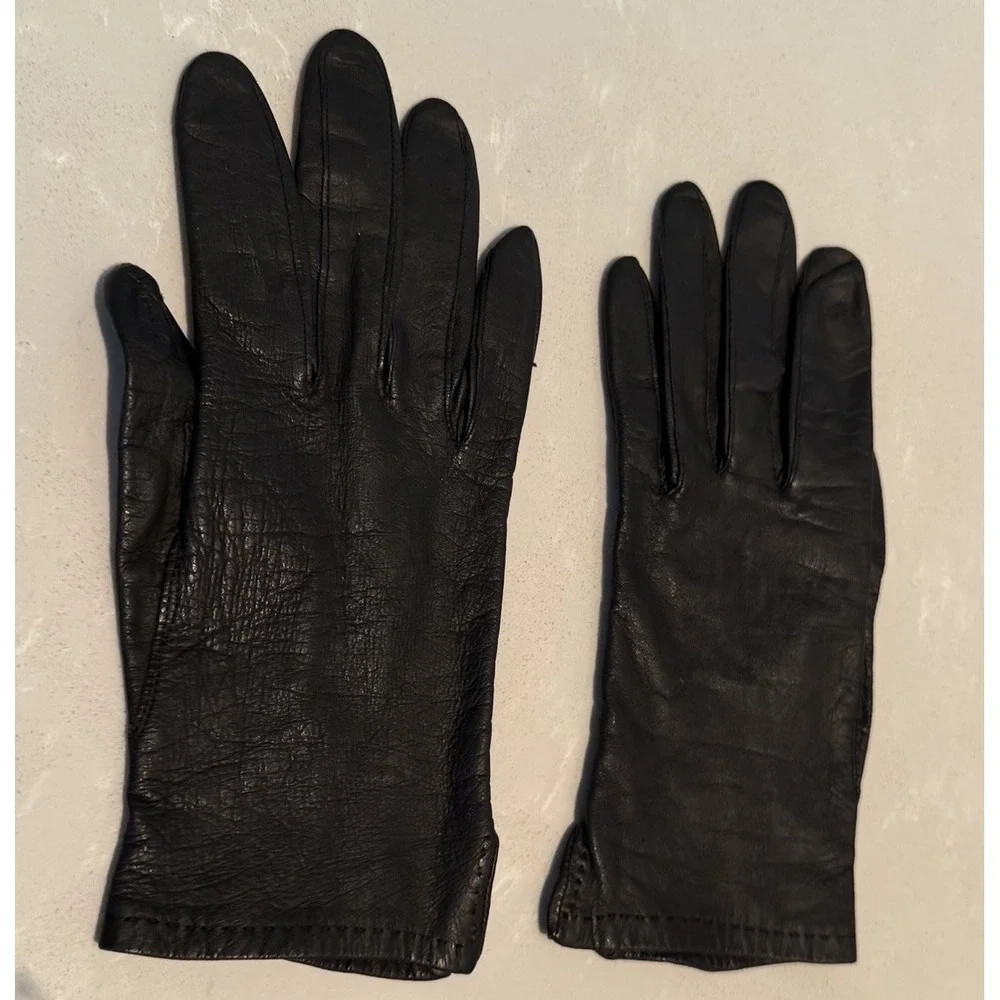 Vintage Black Genuine Leather Dress Gloves Gray Lined Women's Classic Winter